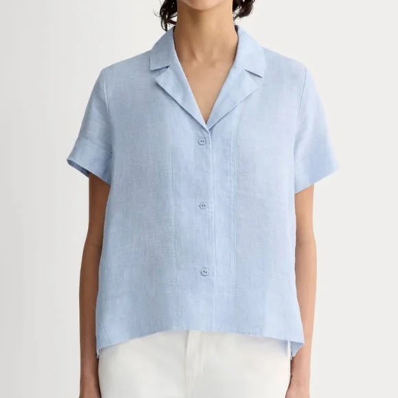 Everlane The Notch Shirt in Linen Light Blue Button Up Short Sleeve Boxy Top -XS - Picture 1 of 8